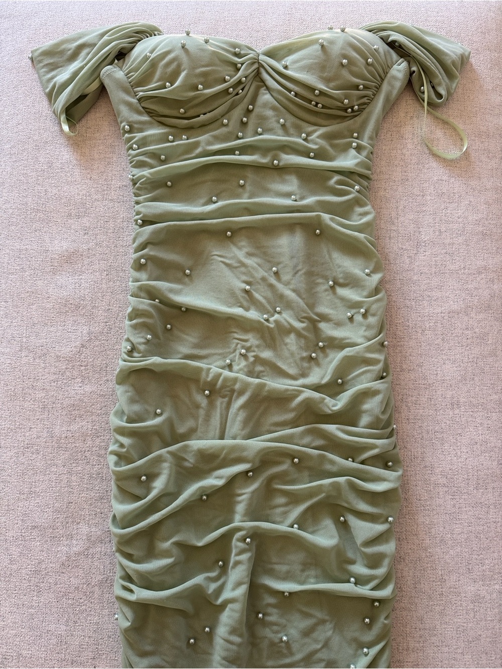 Windsor Olive Green One-Shoulder Pearl-Embellished Ruched Dress